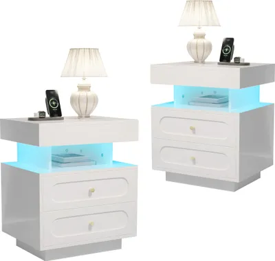 Two white nightstands with LED lighting and drawers are shown against a white background.
