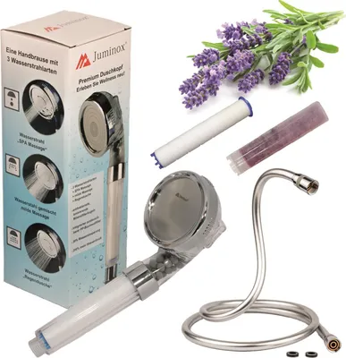 Produktbild von Juminox Premium Set Duschbrause Duschkopf Duschkopf Handbrause 3 Fach verstellbar, Duschschlauch Glatt Silber Flexibel 1,5 m chrom 1/2, Aromafilter, PP-Baumwollfilter Set Weiß + Aroma Gelfilter Lavendel