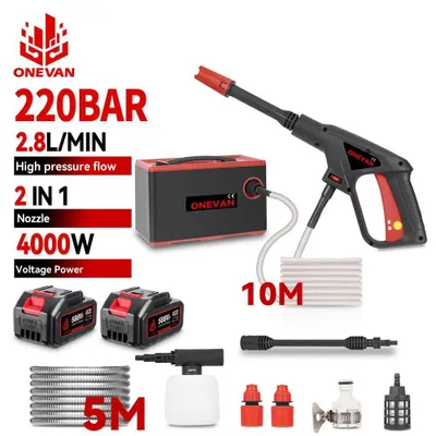 Immagine prodotto di Idropulitrice - Pistola a spruzzo senza fili - 220 bar - 4000 W - 2 batterie da 18 V incluse - Lavaggio auto e irrigazione - Rosso