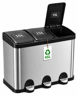 Imagen del producto de Amig - Cubo de basura triple con pedal, 45 litros - Modelo RECIK3-3, con compartimentos extraíbles de 15 litros - Contenedor de reciclaje para la cocina - Acero inoxidable - 60 x 37 x 49 cm - Plateado