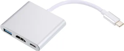 A silver USB-C hub adapter with USB-A, HDMI, and USB-C ports, connected to a white USB-C cable.