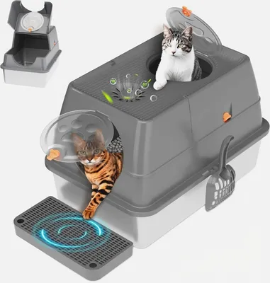 Produktbild von Katzentoilette Extra große geschlossene Edelstahl-Katzentoilette mit Deckel,Schaufel mit Stufe, Zwei-Eingang, Geruchshemmend, Antihaft, für alle Katze