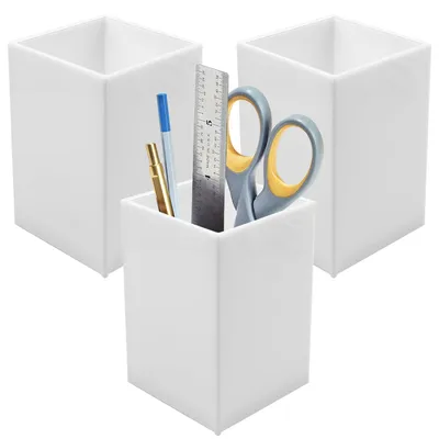 Produktbild von 3 Stück Weiß Acryl Stifthalter, Stifteköcher Schreibtisch Organizer Quadrat Stifttopf Make-Up Pinselhalter Büromaterial für Stifte, Make-up-Pinsel, Aufbewahrung von Schrein (6,5 x 6,5 x 10 cm)