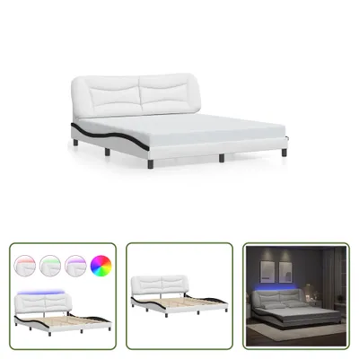 Produktbild von The Living Store Bettgestell mit LED Weiß und Schwarz 180x200 cm Kunstleder