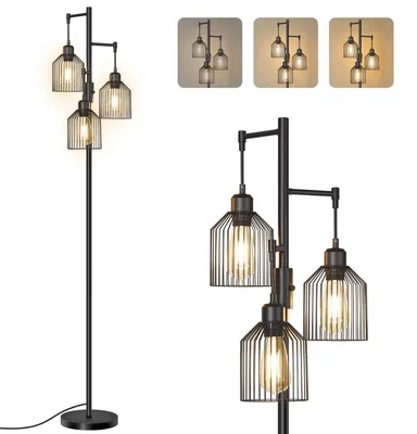 Produktbild von VASAGLE Bodenlampe mit 3 E27-Fassungen, höhenverstellbar, Metallschirm, Stehlampe für Wohnzimmer, modern, schwarz