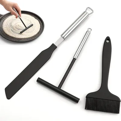 Image de Distributeur de pâte à crêpes et spatule, en acier inoxydable et en silicone, ustensiles de cuisine pour la préparation de crêpes