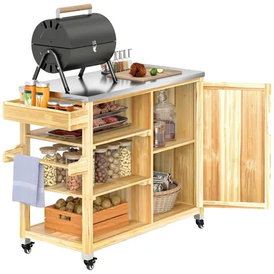 Image de Chariot-barbecue, construction en bois, portable avec tablettes, bois naturel