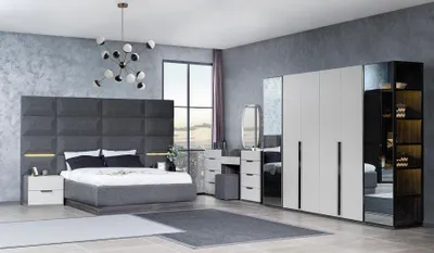 Produktbild von Komplett Schlafzimmer Möbel Set Bett 2x Nachttisch Schminktisch Spiegel 5tlg Neu