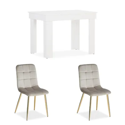 Image de Table 90x60 cm en Bois Blanc Group Salle à Manger 2 Chaises Velours Crème Table à Manger