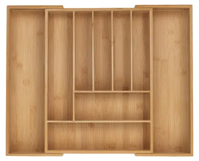 Produktbild von Relaxdays Besteckkasten, 7–9 Fächer, ausziehbarer Besteck Schubladeneinsatz, HxBxT: 5 x 32,5-53,5 x 43 cm, Bambus, natur