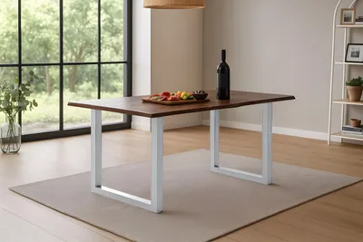 Produktbild von Möbelretoure Esstisch Baumkante massiv Akazie kastaniefarben 140 x 80 cm U-Gestell silber ROXANA