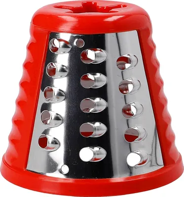 A red and silver grater attachment for a meat grinder.