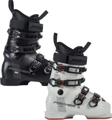 Two ski boots, one black and one white, are shown side-by-side against a white background.