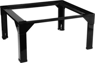 A black metal stand for a washing machine.