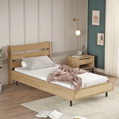 Produktbild von Einzelbett ‘Kvænangen’ mit Lattenrost 100 x 200 cm Eiche-/Rattan-Optik