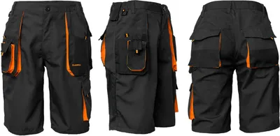 Three views of black and orange work shorts.