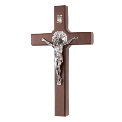 Zdjęcie produktu dla Drewniany wiszący krzyż św. Benedykta z Chrystusem z brązu 22x12x1.8cm