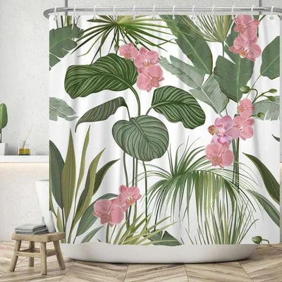 Obrázok produktu pre Vodoodpudivá sprchová záves 180 x 200 cm s rastlinným vzorom – prateľná a ľahko inštalovateľná