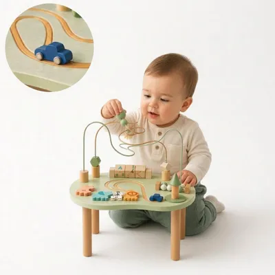 Produktbild von Laavir Holz-Aktivitätstisch Baby - Montessori Spieltisch mit Perlenspirale, Autobahn und Bausteinen - Ab 1 Jahr - Hellgrün