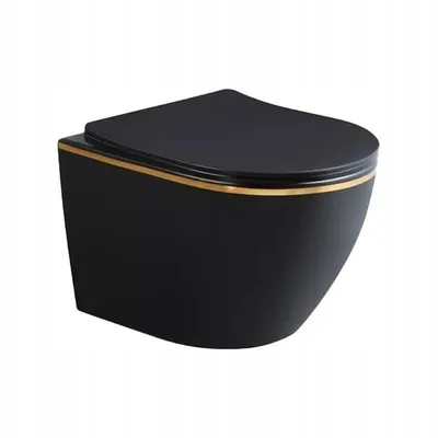A black wall-mounted toilet with a gold trim and a black toilet seat, shown from a slightly elevated side angle against a white background.