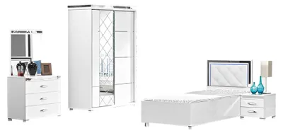 Produktbild von Komplette Jugendzimmer Nachttisch Kleiderschrank 4tlg Weiß Schlafzimmer