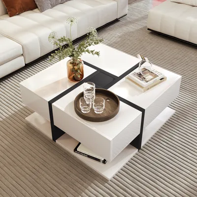Produktbild von Hochglanz-Couchtisch, Tisch mit 4 Schubladen, einzigartige Farbabstimmung und Liniendesign, Stauraum unten. 78*78*36cm