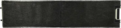 A dark, textured rectangular object, likely a filter, laid flat against a white background.
