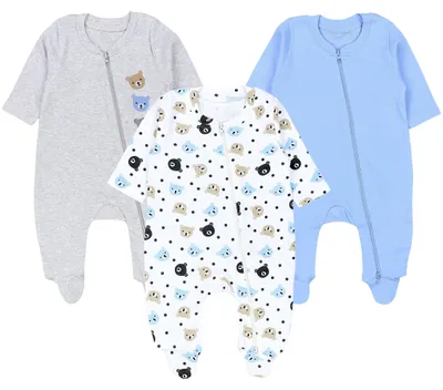 Zdjęcie produktu dla TupTam Baby unisex piżama do spania dla dziewczynek z nogawkami dla chłopców 3-pak, Kolor: Misie/jasnoniebieski, Rozmiar: 56