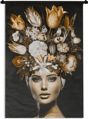 Produktbild von MuchoWow® Wandteppich Wandbehang Frau - Blumen - Gold 120x180 cm Tapisserie Dekoration Wandtuch - Schlafzimmer - Dekorationen für das Haus