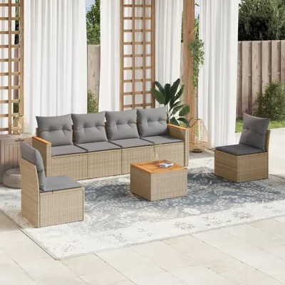 Produktbild von Design 7-tlg. Garten-Sofagarnitur mit Kissen Beige Poly Rattan, Gartenmöbel-Sets 2024 Neu