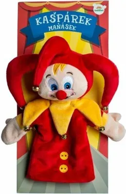 A puppet of a jester character is presented on a cardboard backing with circus-themed graphics.