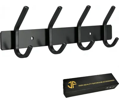Produktbild von Wandgarderobe, Kleiderhaken aus Edelstahl, Wandhaken für Schlafzimmer, Badezimmer, Küche (4 Haken, schwarz)