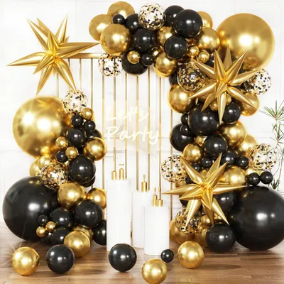 Productafbeelding van Ballonboog - Set van 134 stuks met confetti-ballonnen - Decoratie voor feestjes - Zwart en goud