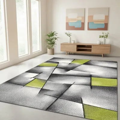 Produktbild von TapisTrend Designerteppich Grün 160x230 cm Moderner abstrakter Teppich mit geometrischen Formen für Wohnzimmer, Schlafzimmer und Esszimmer