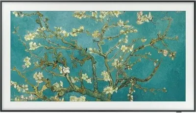 A painting of a flowering tree against a teal background, framed by a black border.