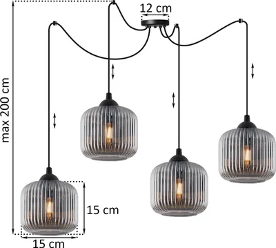 A diagram showing a multi-arm pendant light fixture with dimensions indicated.