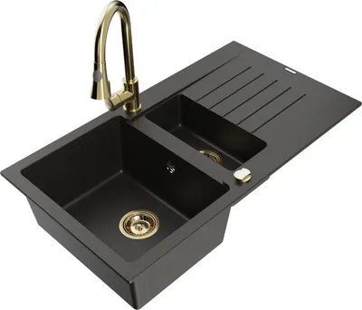 Produktbild von Mexen Matias 1,5-Becken-Granitspüle mit Abtropffläche und Mischbatterie Elia, Schwarz/Gold metallisch - 6502-75-670101-50