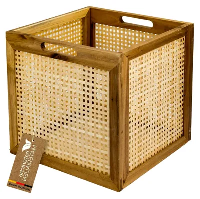 Produktbild von Aufbewahrungskorb passend für Kallax Regale, Korb aus Rattan mit Wiener Geflecht und Akazienholz | Muster 3 | 32 x 34 x 32 cm