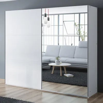 Produktbild von Krudox PRV Kleiderschrank Schiebetür Weiß 250 cm mit Spiegel 3 Kleiderstangen Schlafzimmer Schrank