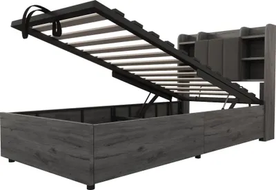 Immagine prodotto di Letto per studenti okwish 90x200 con struttura, materasso e testiera contenitiva, letto singolo con presa USB e Type-C, grigio