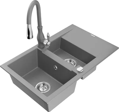 Produktbild von Mexen Gaspar 1,5-Becken-Granitspüle mit Abtropffläche und Mischbatterie Savita, Grau - 6507-71-672601-71