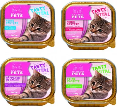 Produktbild von MY HAPPY PETS 4 Sorten Katzenfutter 3 Sorten Pastete & 1 Sorte feine Häppchen in Soße 64 x 100g
