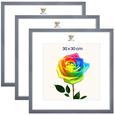 Produktbild von MG Design 3er Set Bilderrahmen 30 x 30 cm - Posterrahmen mit Grau Echtholzrahmen und bruchsicherem Acrylglas, Hoch & Quer mit stabiler Wandaufhängung