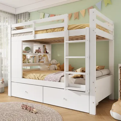 Produktbild von Merax Etagenbett 90x200cm aus Holz mit 2 Schubladen und Regal, Stockbett mit Leiter und Sicherheitsgeländer, Kinderbett mit Lattenrost, Weiß