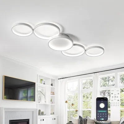 Obrázek produktu pro 99cm LED stropní svítidlo, stmívatelné, 5 kruhových světel, vhodné do obývacího pokoje/ložnice, 55W, s dálkovým ovládáním, 3000K-6500K, bez blikání, s funkcí paměti – bílé světlo