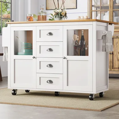 Immagine prodotto di Isola cucina, mobile da cucina, credenza, 120x73(45)x93 cm, carrello da cucina estraibile con rotelle, portasciugamani, ripiano per spezie, ripiani regolabili, due ante, quattro cassetti, bianco