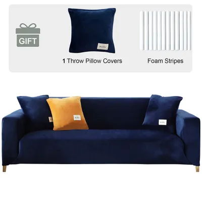 Obrázek produktu pro Sametový potah na pohovku 4 Seater- Soft Stretch Couch Cover Anti Slip Sofa Cover Plush Sofa Slipcovers with 1 Cushion Cover for Living Room, Dark Blue, 4 Seater