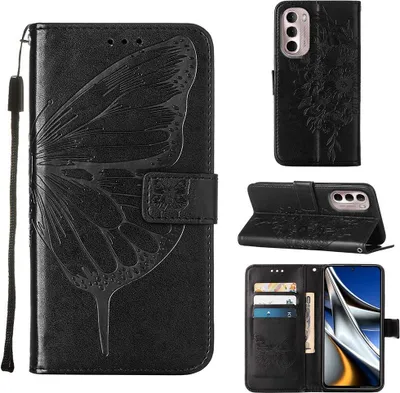 Produktbild von Moto G Stylus 4G 2022 Hülle, Schmetterling Prägung Flip Leder Kartenfächer Schutzhülle Ledertasche mit Ständer für Motorola Moto G Stylus 4G 2022 Schwarz