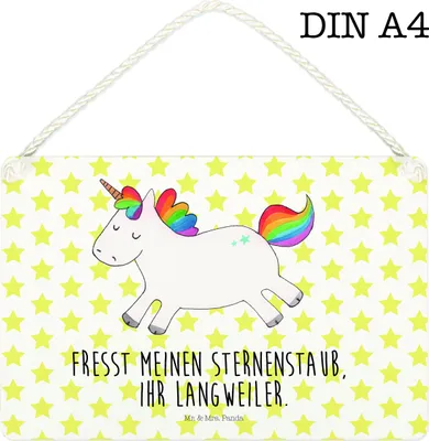 Produktbild von Mr. & Mrs. Panda Schild Einhorn Happy DIN A4 - Weiß - Geschenk, Spaß, Türschild, Fröhlich, glücklich, Unicorn, Holzschild, Wandbild Holz, Lachen, Einhörner, wandtafel
