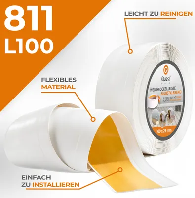 Produktbild von QUEST Weichsockelleiste Selbstklebend 100x25mm, 25m, PVC Sockelleiste, Breite Knickleiste für Wände, Boden, Flexibel, Dekorativ, UV-beständig, weiß